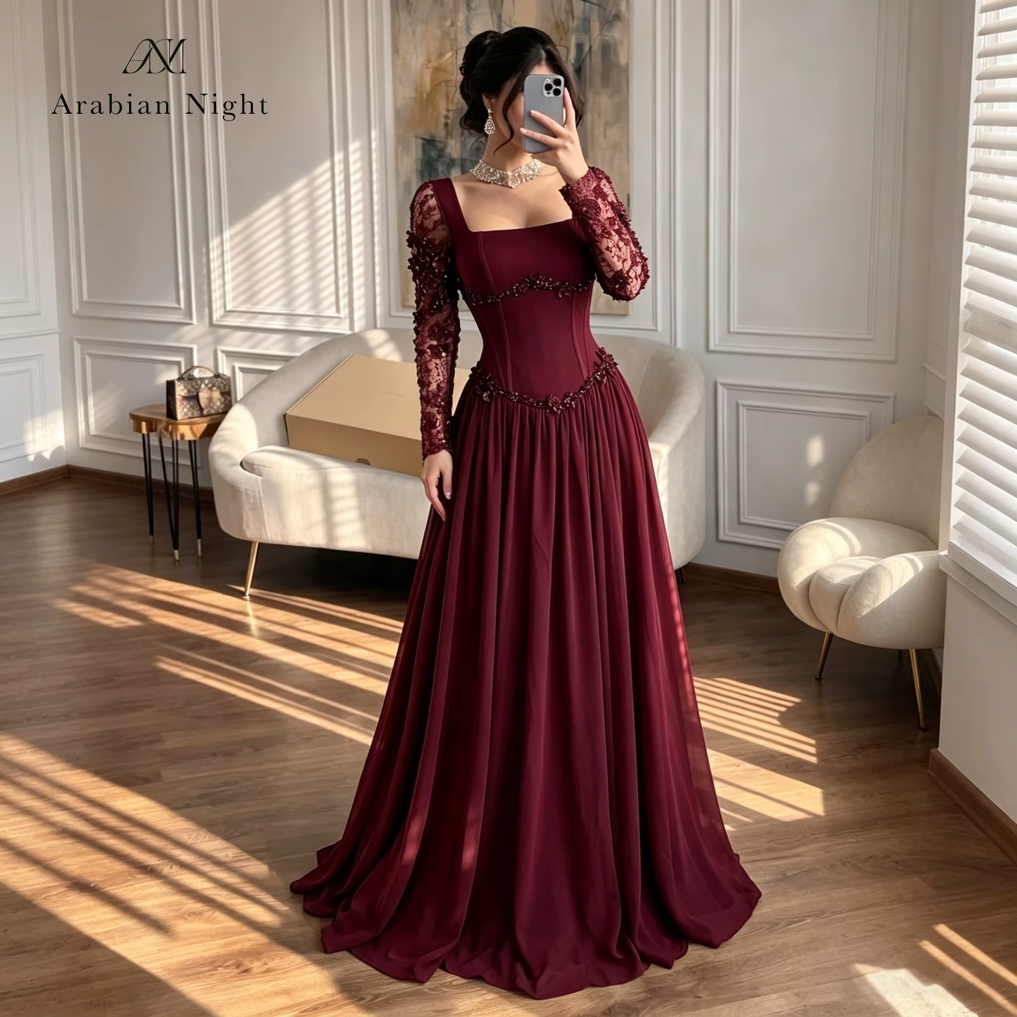 Robe de soirée classique brodée bordeaux coupe trapèze pour femme, idéale pour les bals de promo, le