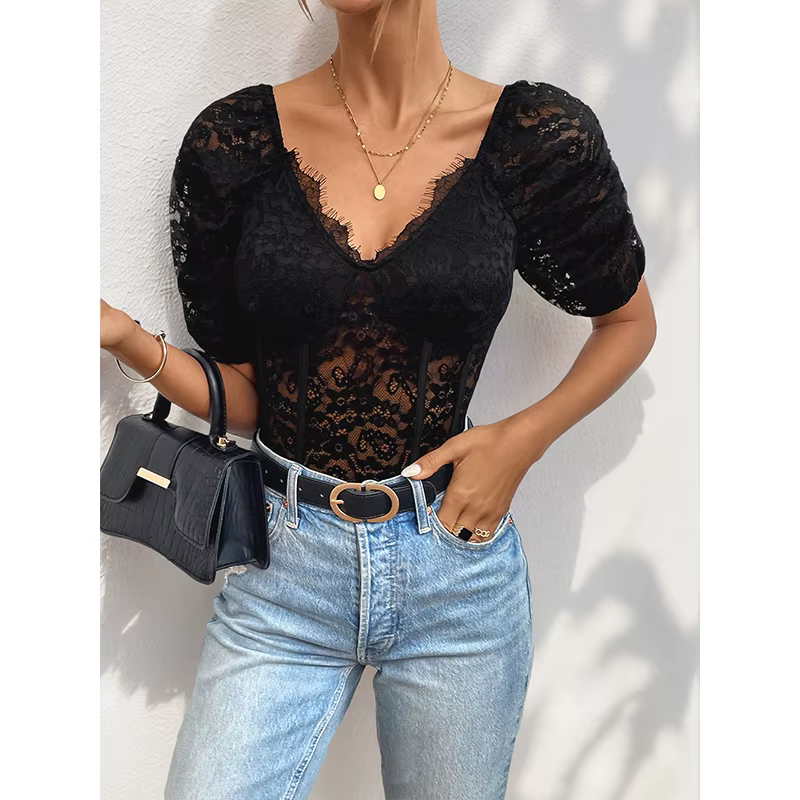 Benuynffy – Nouveau body sexy noir élégant à col en V et manches bouffantes en dentelle pour femme,