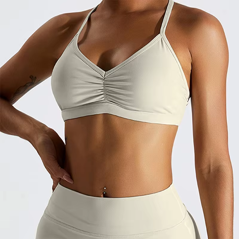 Soutien-gorge de sport sexy froncé pour femme, haut de gym, haut de course à dos croisé, vêtements d