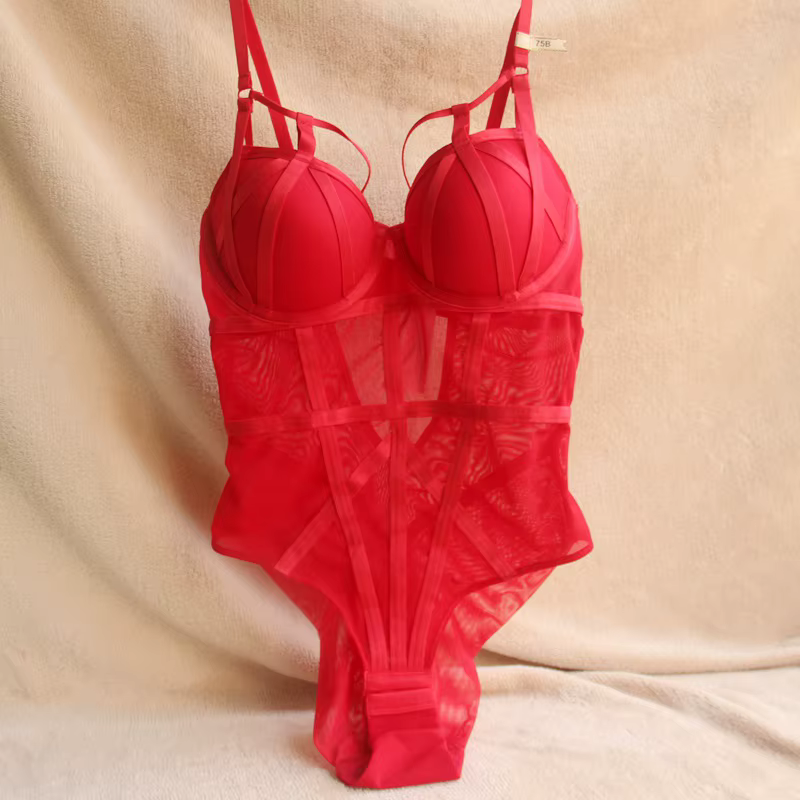MOYISU Sexy Shapewear Body femmes maille transparente Lingerie Teddy avec soutien-gorge push-up sang