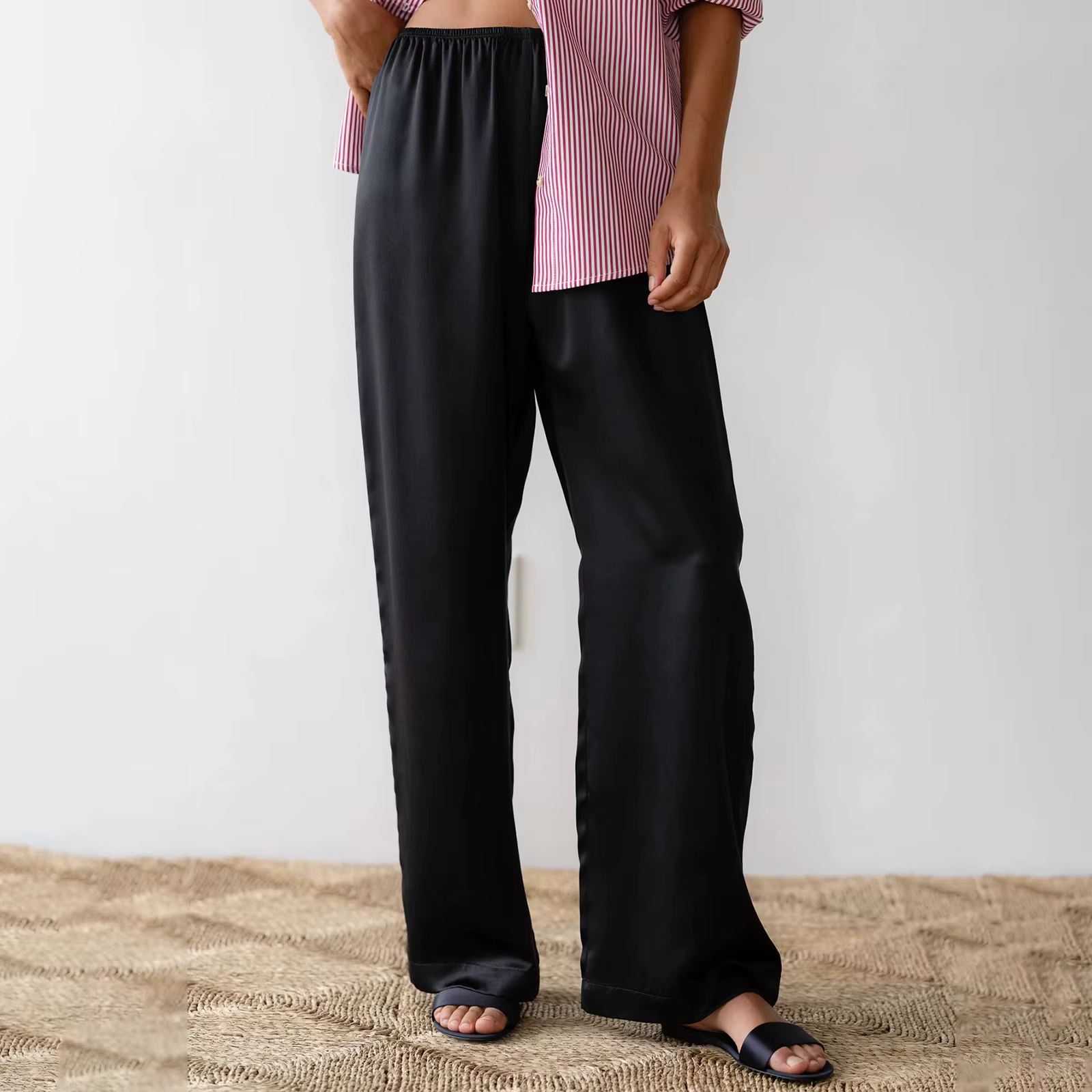 Pantalon de robe élégant pour femme en satin couleur unie, coupe large, taille élastique, coupe ampl
