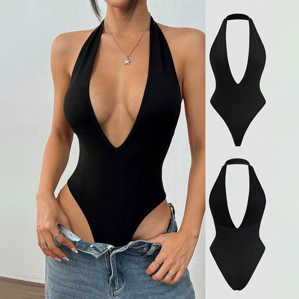Body moulant noir pour femme, col en V profond, dos nu, sans manches, coupe haute, style décontracté