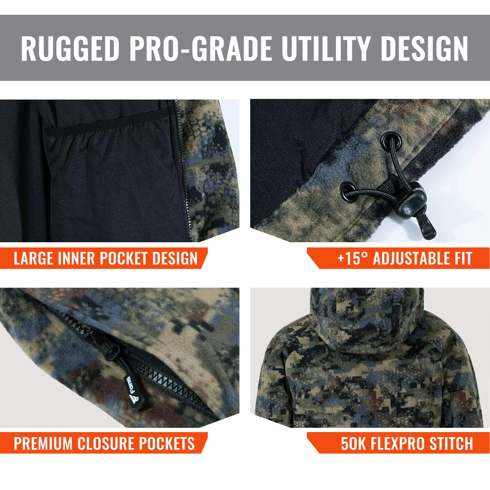 8 Fans Veste camouflage de chasse pour hommes – Manteau léger respirant 100 % polyester avec capuche et poches détachables