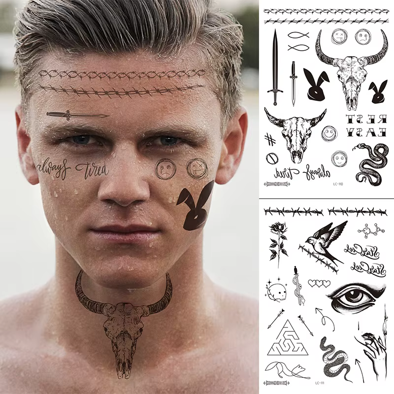 Faux Tatouage Temporaire Malone de Grande Taille pour Homme, Autocollant Tête de Taureau, Cou, Main, Dos, Art Corporel Cool, Épée, Lettre, 21x15cm
