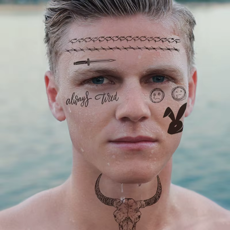 Faux Tatouage Temporaire Malone de Grande Taille pour Homme, Autocollant Tête de Taureau, Cou, Main, Dos, Art Corporel Cool, Épée, Lettre, 21x15cm