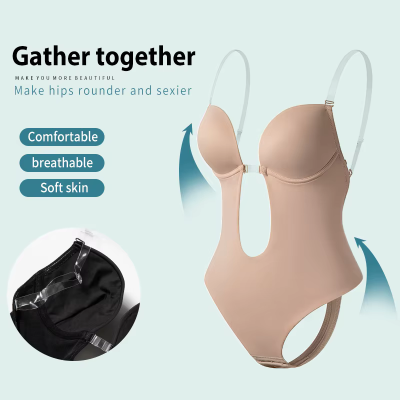Body Shapewear col en v profond corps Shaper dos nu U plongeant string Shapers taille formateur femmes sangle transparente rembourré Push Up Corset
