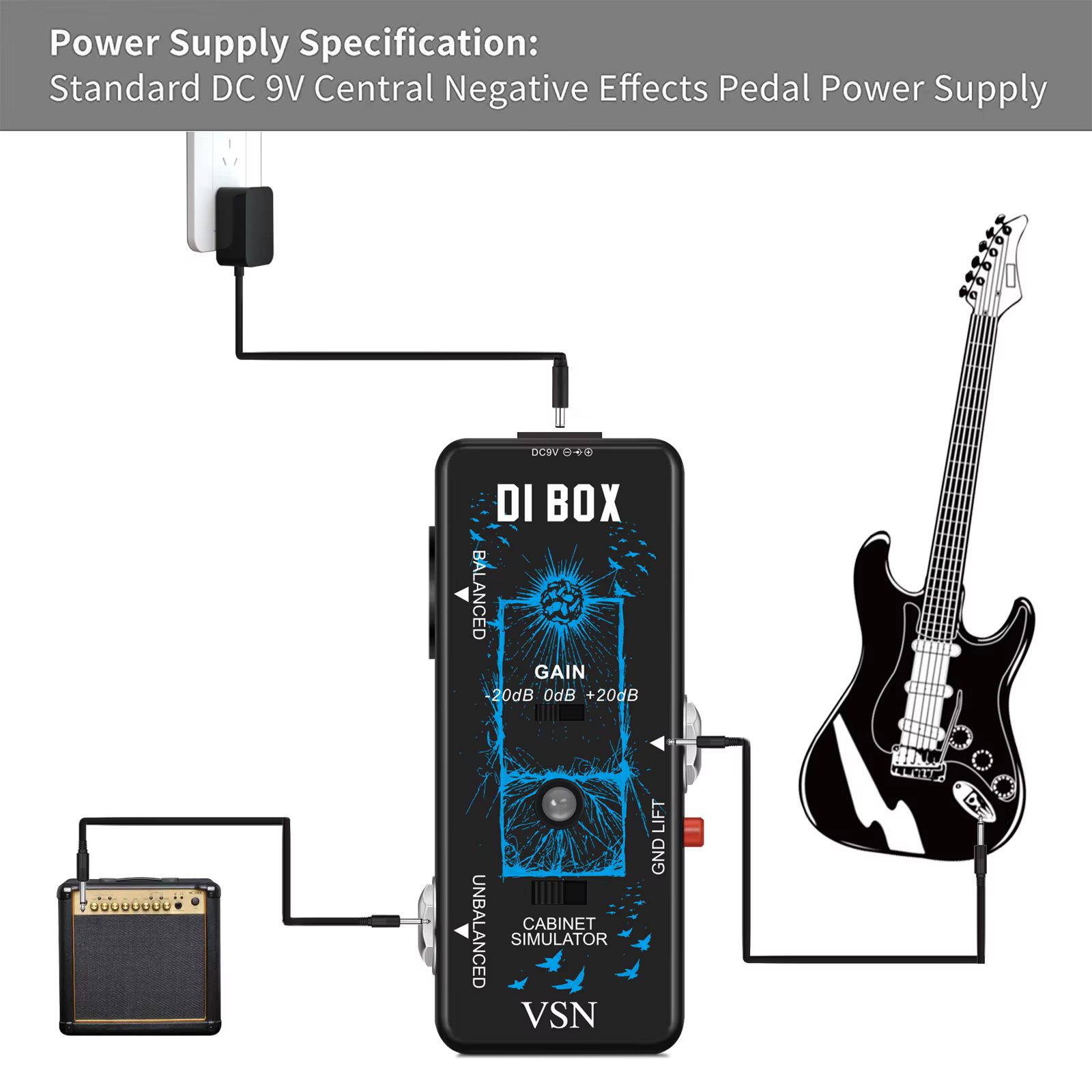Boîtier de direct DI multifonctionnel VSN Mini pour pédale de guitare avec contrôle de gain, simulateur de cabinet et interrupteur – Appareil musical