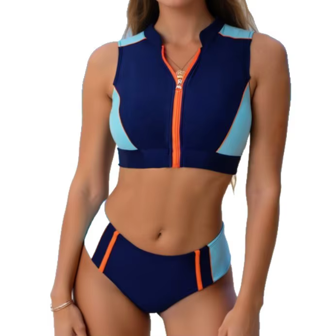 Nouveau maillot de bain deux pièces amincissant taille haute avec fermeture éclair pour les femmes vacances plage