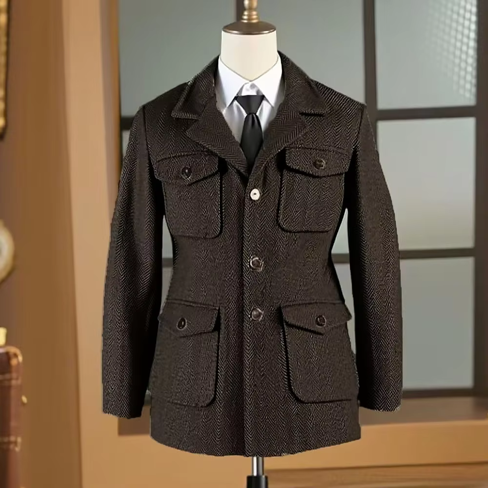 Veste de chasse pour homme, style britannique, en tweed à chevrons, revers, multi-poches, décontractée, veste de costume à revers, mélange de laine vintage, veste de sport