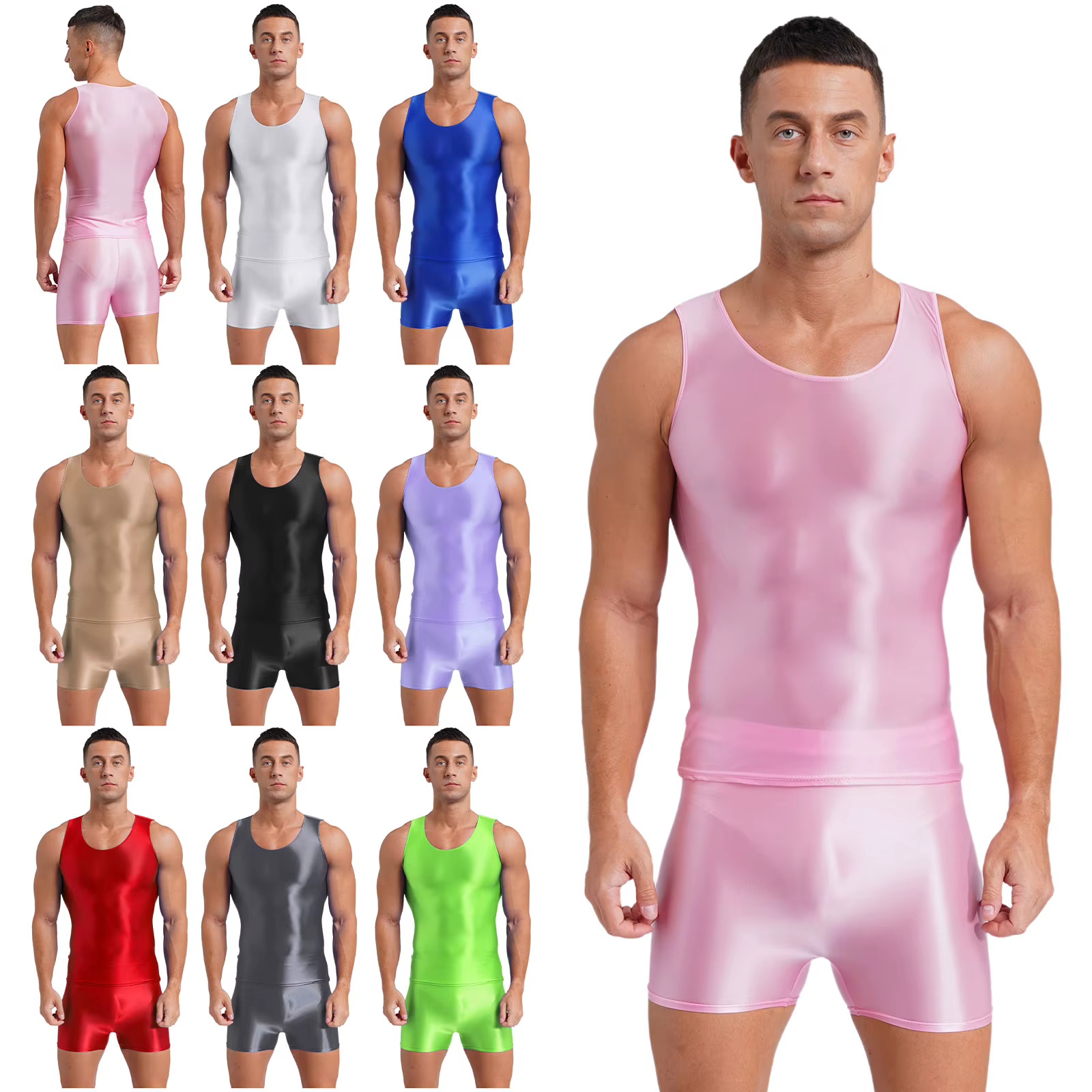 Maillot de bain brillant pour hommes, tenue deux pièces, col rond, débardeur extensible avec short, maillot de bain, Yoga, entraînement, Fitness, vêtements de sport
