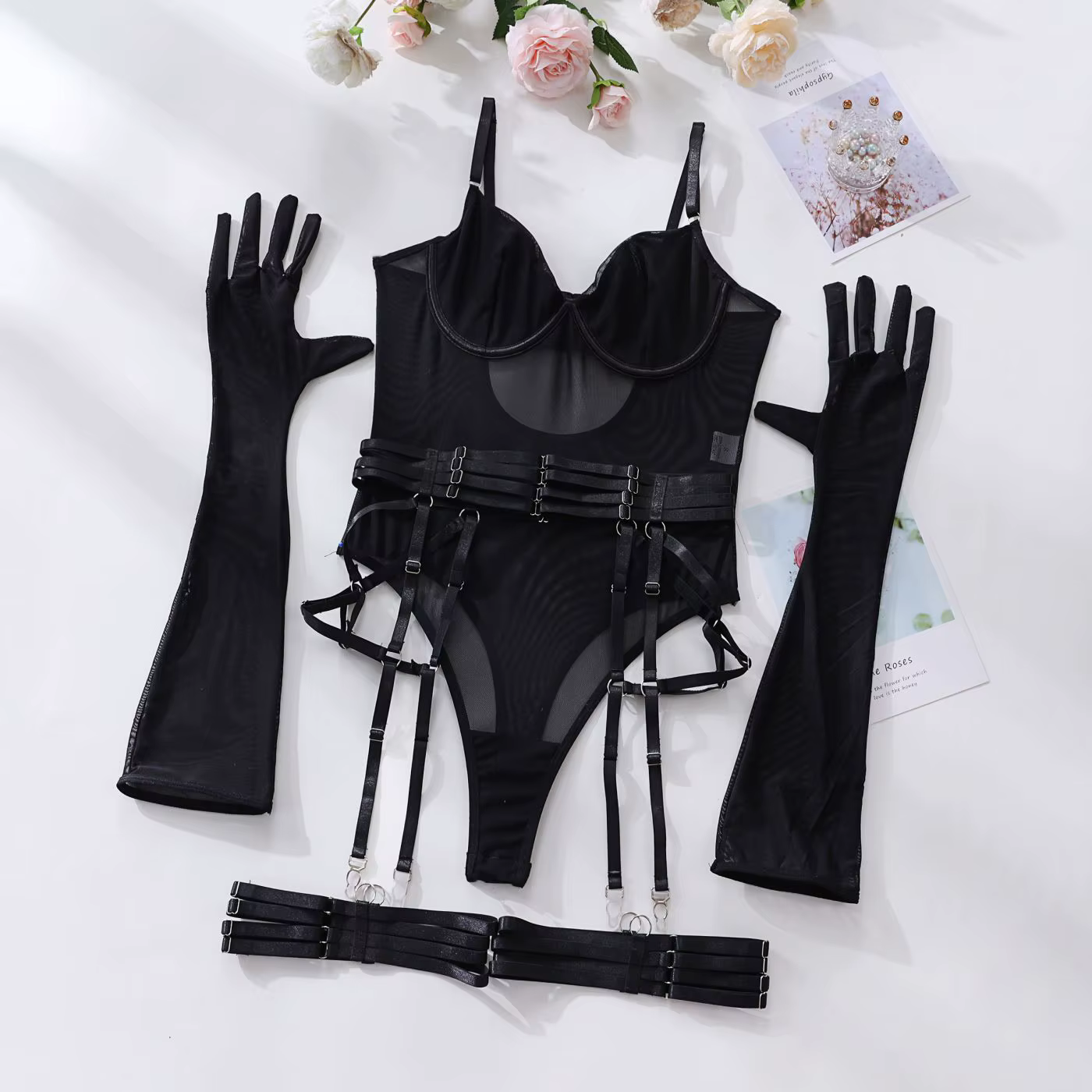 Ellolace Body moulant en dentelle Sexy transparent corps érotique avec gants jarretière tenue de boîte de nuit Sissy haut en maille sans entrejambe