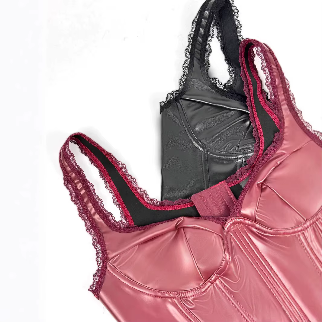 Rouge noir couleurs Pu cuir dentelle bord bandoulière haut pour femme gaine amincissante coupe ajustée arête de poisson hauts de soutien-gorge