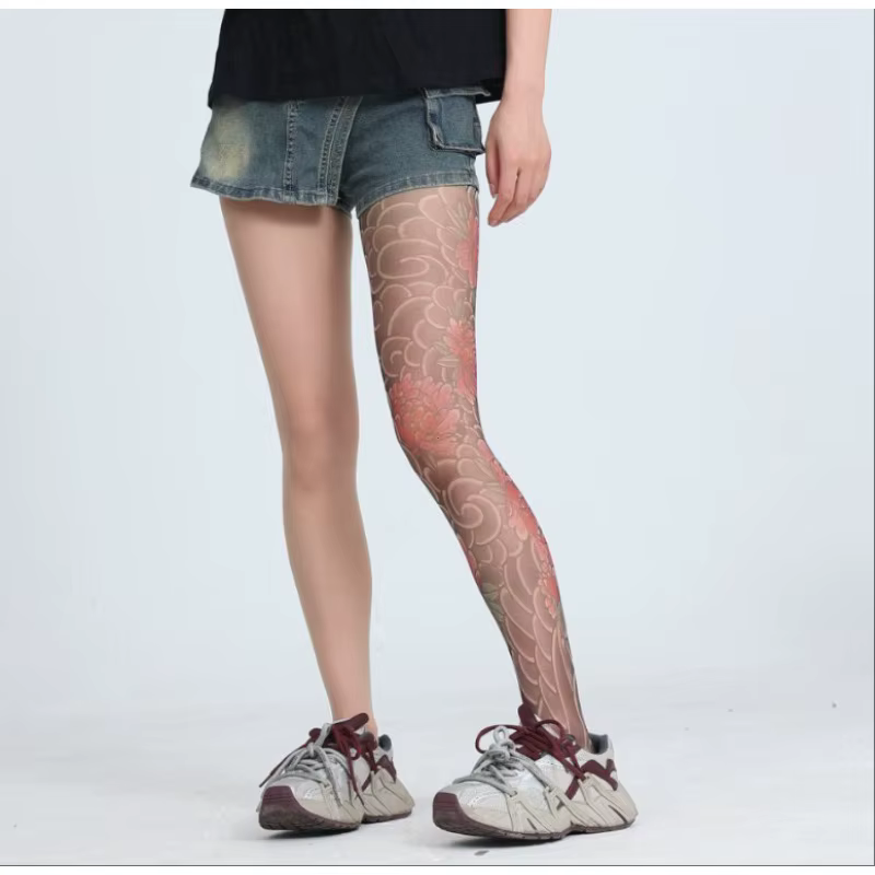Collants imprimés Sexy pour femmes faux tatouage pivoine