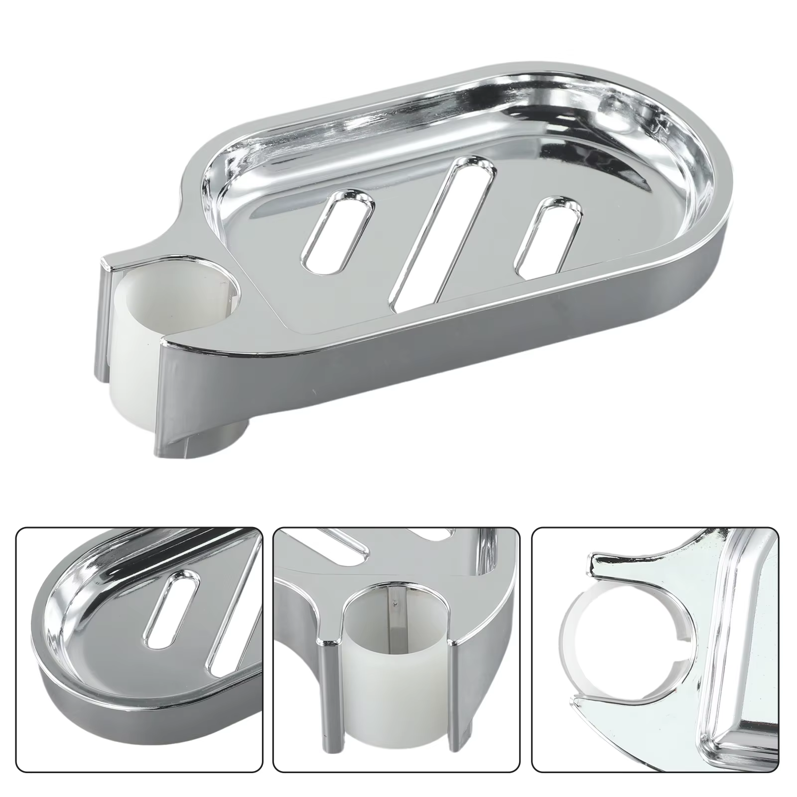 Plateau à savon de douche relevable mural avec conception de vidange creuse ABS argent chromé pour Installation de tige de salle de bain 17x8.5cm
