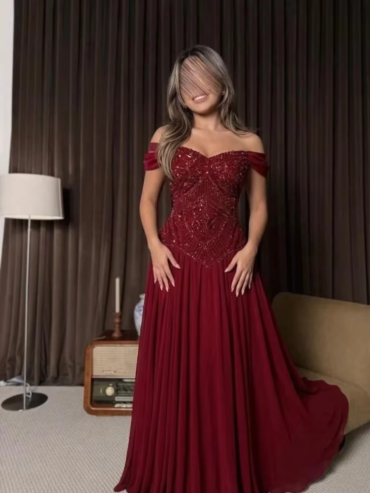 Robes de bal personnalisées bordeaux, coupe trapèze, épaules dénudées, pour occasions formelles, longueur cheville, pour mariage et soirée