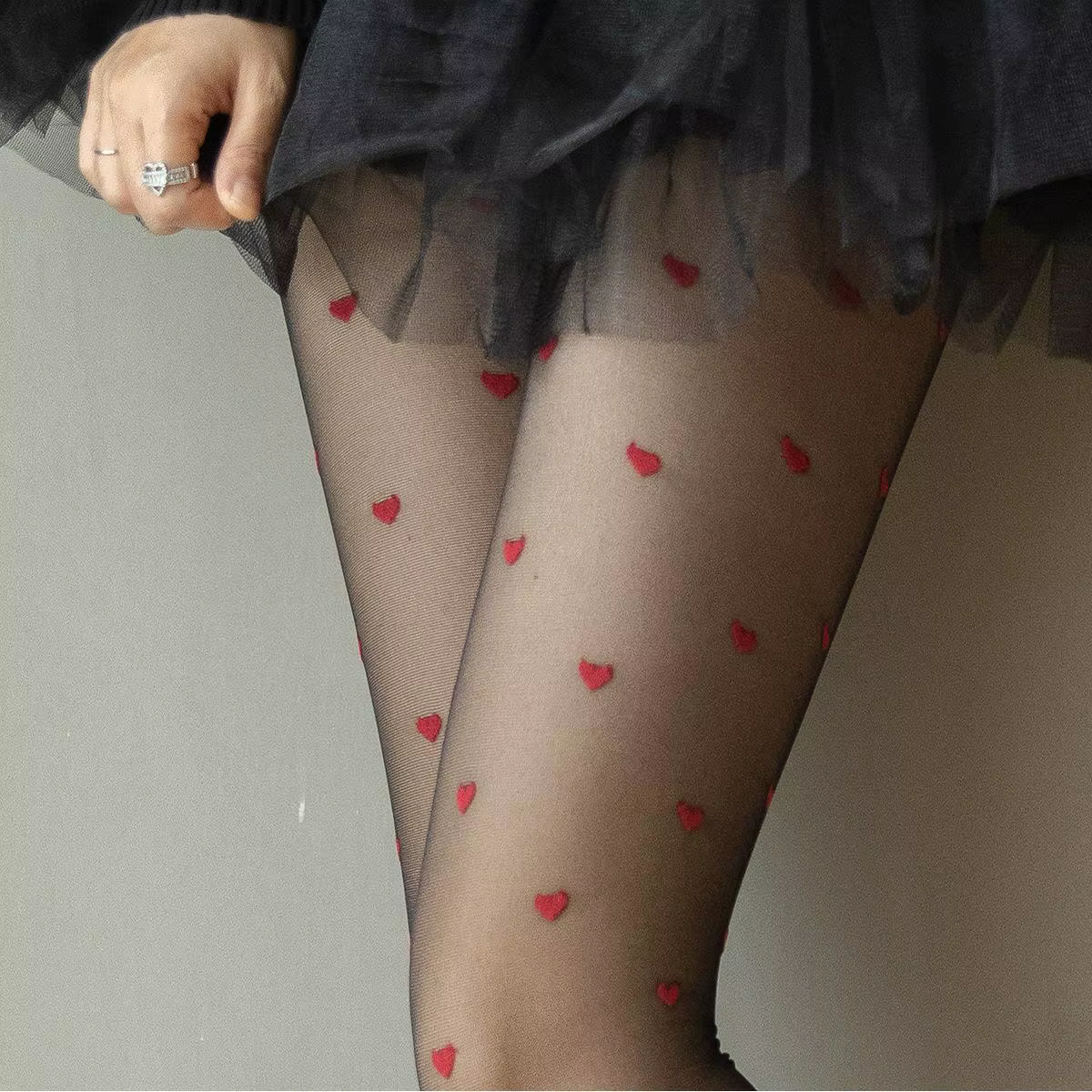 Collants en résille transparents noirs pour femmes, à motif de cœurs, fins, style legging, tendance, pour soirée