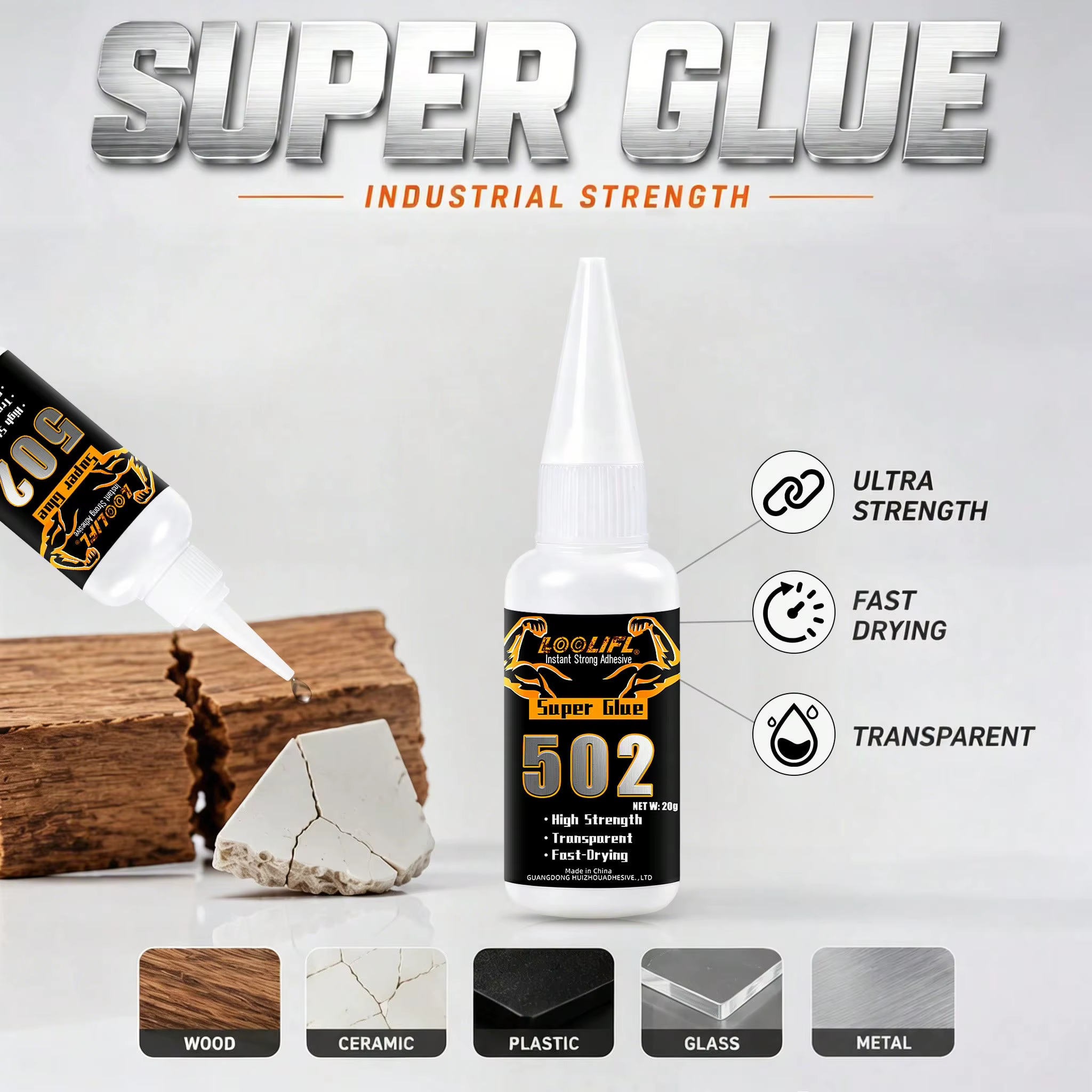 LOOLIFL 20g 502 Super Glue, adhésif instantané puissant, séchage rapide, transparent, pour plastique, métal, bois, céramique, bricolage, artisanat, réparation