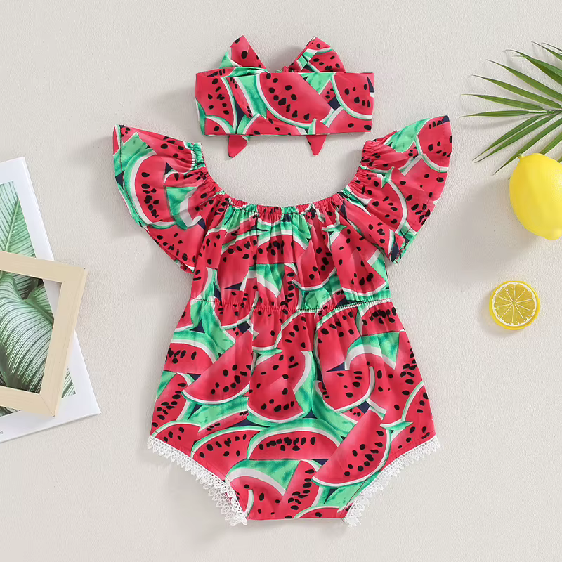 Body pour nouveau-né fille de 0 à 36 mois, ensemble bandeau, manches courtes, imprimé pastèque, combishort pour bébé fille, barboteuse une pièce d'été