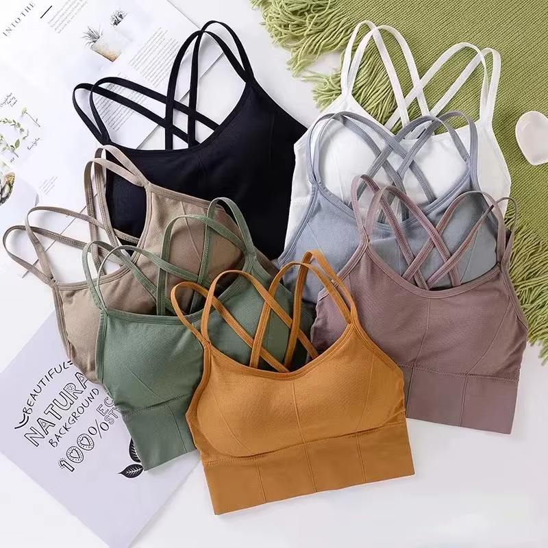 Soutien-gorge de sport sexy pour femme, dos croisé, push-up, respirant, doux, couleur unie, pour la course et le yoga