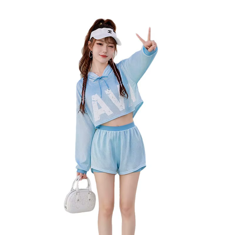 Ensemble tankini 3 pièces pour femme en tricot gaufré, avec haut à capuche zippé à manches longues, short double couche à cordon de serrage, maillot de bain d'été pour la plage