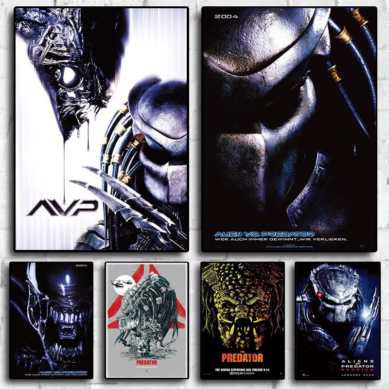 Affiche de film ancien de thriller de science-fiction rétro classique Avp : Alien Vs. Image de prédateur pour salle de jeux, toile imprimée, décoration murale pour la maison