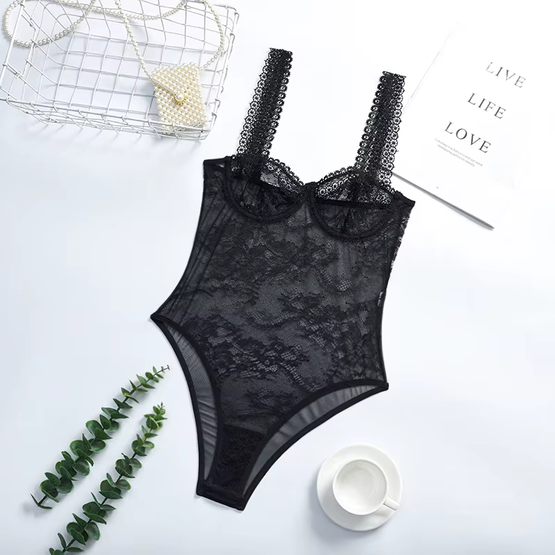 Body en dentelle transparente femmes broderie florale Transparent Teddy Lingerie une pièce corps