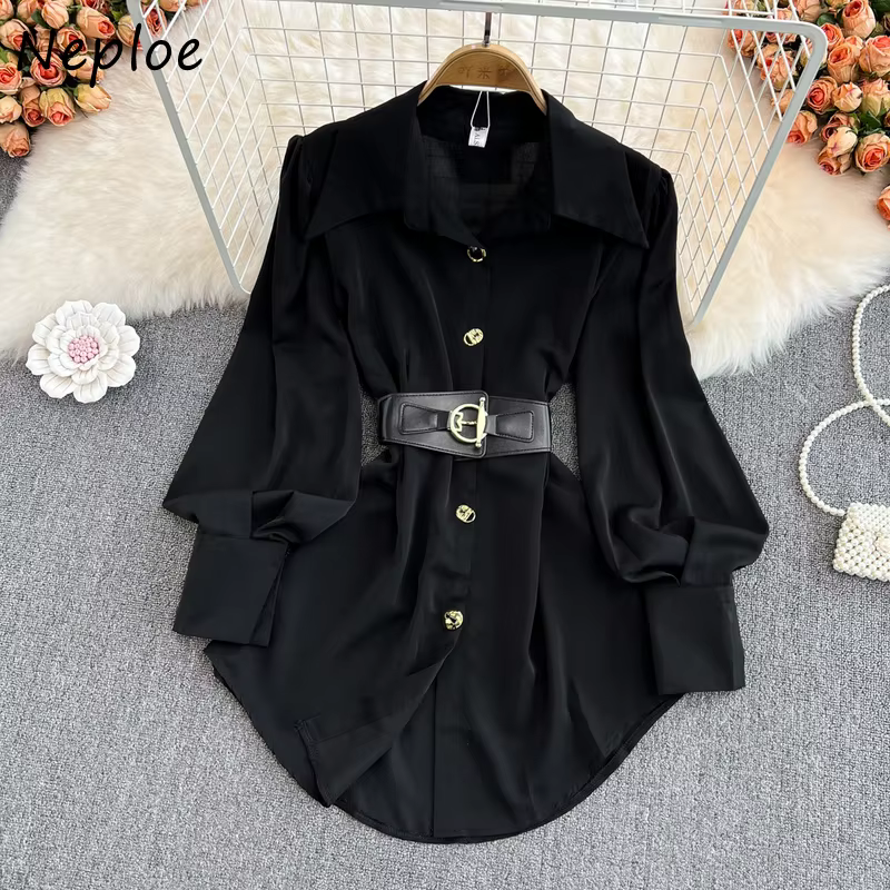 Neploe Printemps 2026 Nouvelle Robe Chemise Femme de Bureau Manches Longues Évasées Ceinture à Nouer Robe Courte Simple Boutonnage