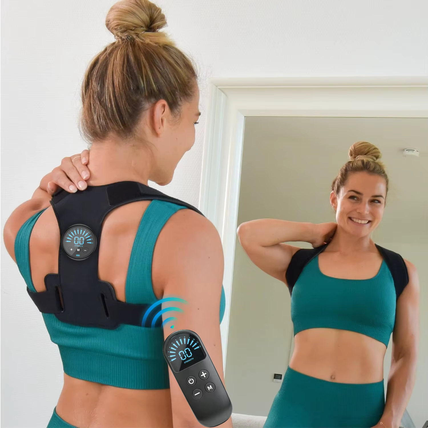 Ceinture Correctrice de Posture avec Stimulateur Musculaire EMS et Masseur Dorsal - Soulagement Ajustable de la Douleur à l'Épaule pour le Bureau et la Maison