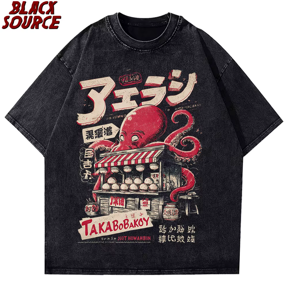 T176 T-shirt Takoyaki japonais avec boules de poulpe t-shirts graphiques pour les amateurs de nourriture de rue Anime coton haut ample surdimensionné