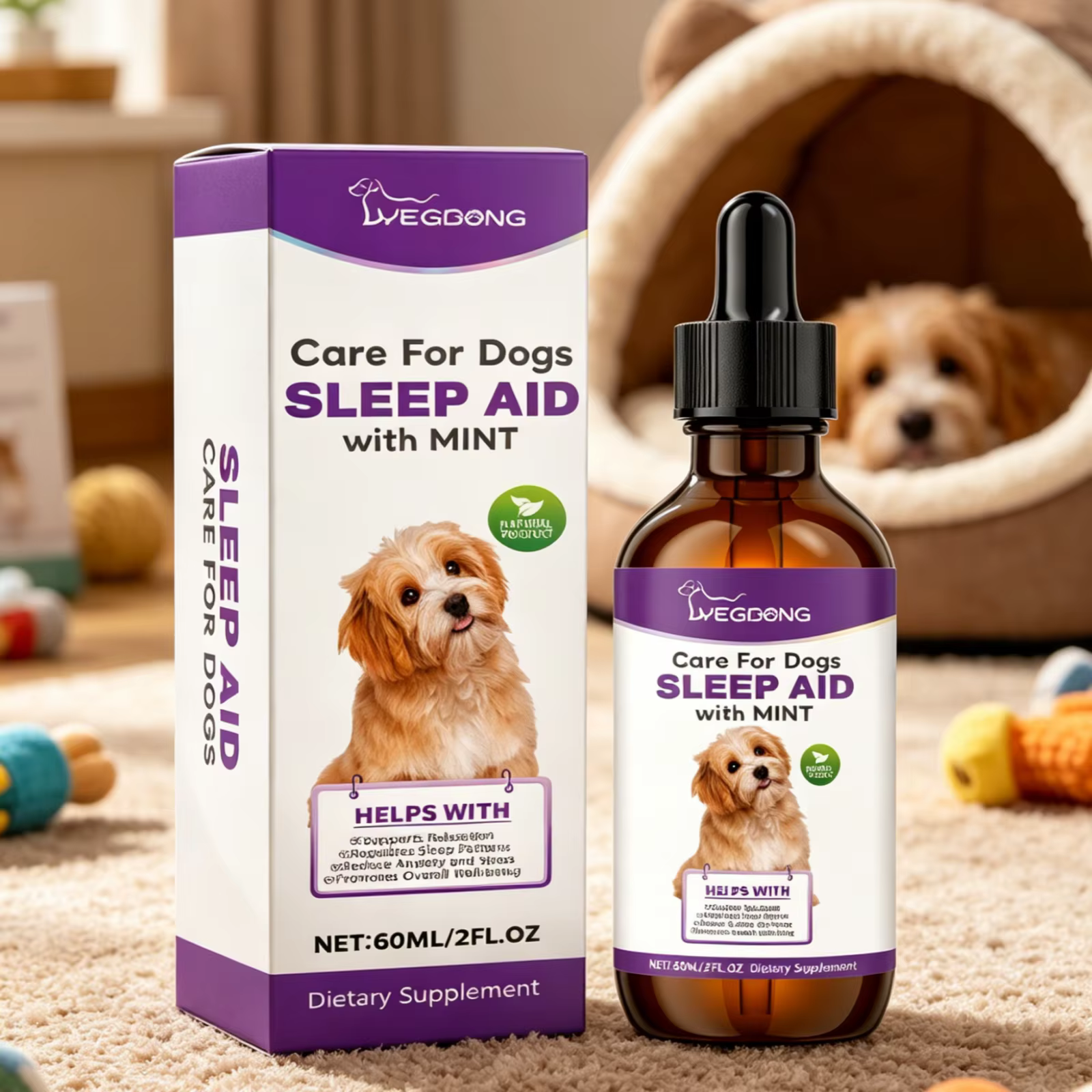 Gouttes de soutien au sommeil pour chiens YEGBONG, réduisent l'anxiété, soin de sédation nocturne, ingrédients naturels, aide au sommeil douce avec menthe pour chiens, 60 ml