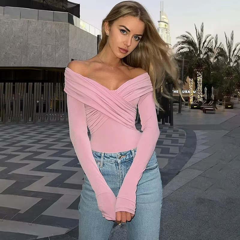 Nouveaux Bodys pour femmes Automne Sexy Dos nu Uni Corset Ajusté Mode Croisé Manches longues Décontracté Élégant