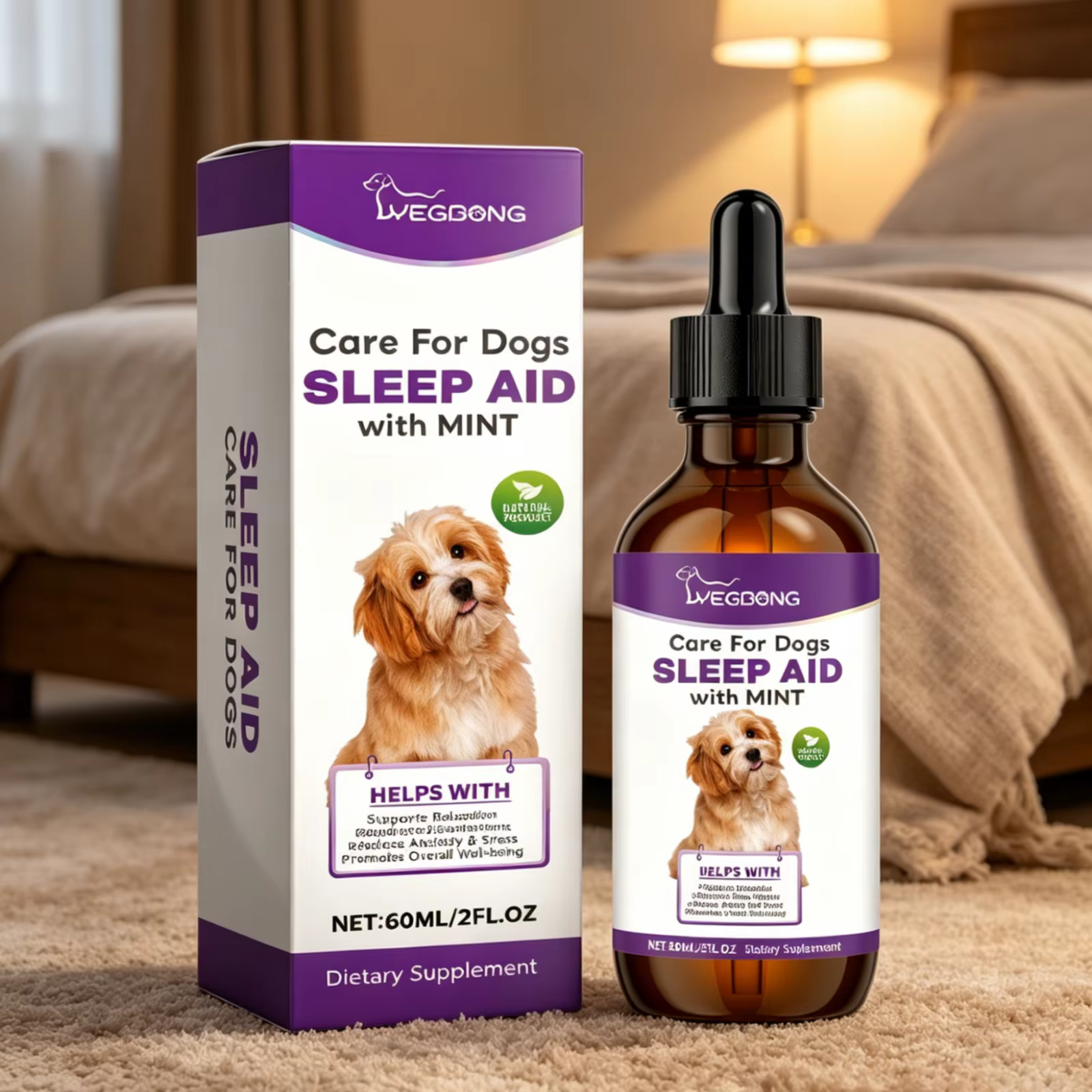 Gouttes de soutien au sommeil pour chiens YEGBONG, réduisent l'anxiété, soin de sédation nocturne, ingrédients naturels, aide au sommeil douce avec menthe pour chiens, 60 ml
