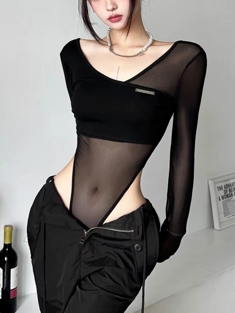 Costume de batterie transparent noir pour femme, lingerie sexy, manches longues, col en V, une pièce, corps féminin, dos nu, Y