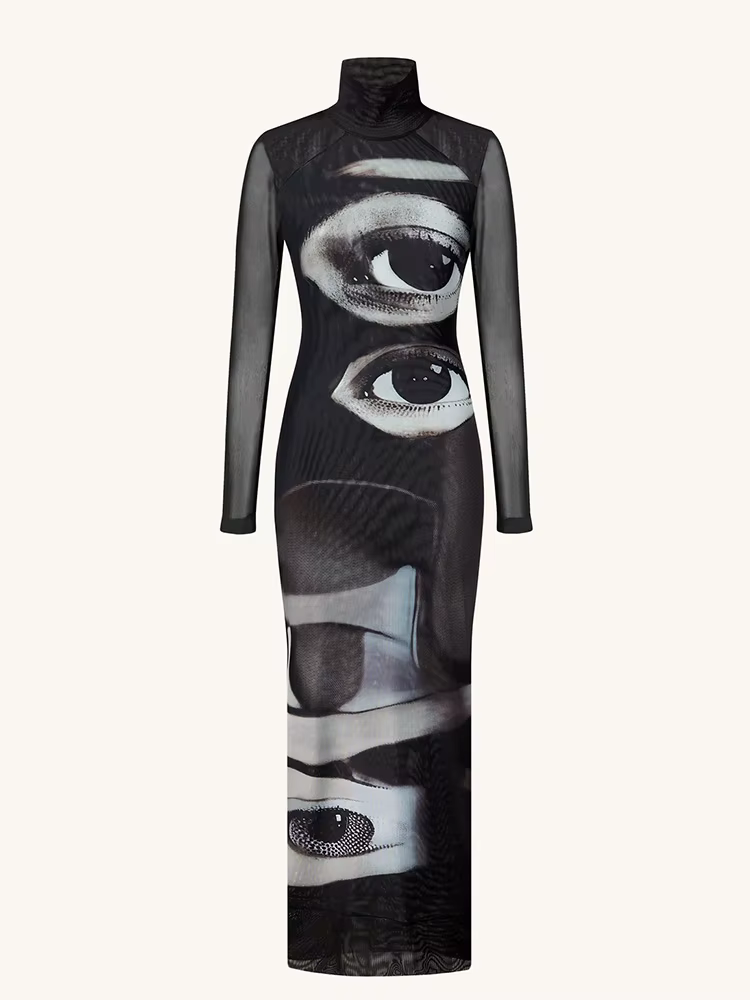 Robe fourreau sexy à manches longues imprimée, coupe ajustée, pour femme, style urbain, club, décontractée, quotidienne, col roulé, cool