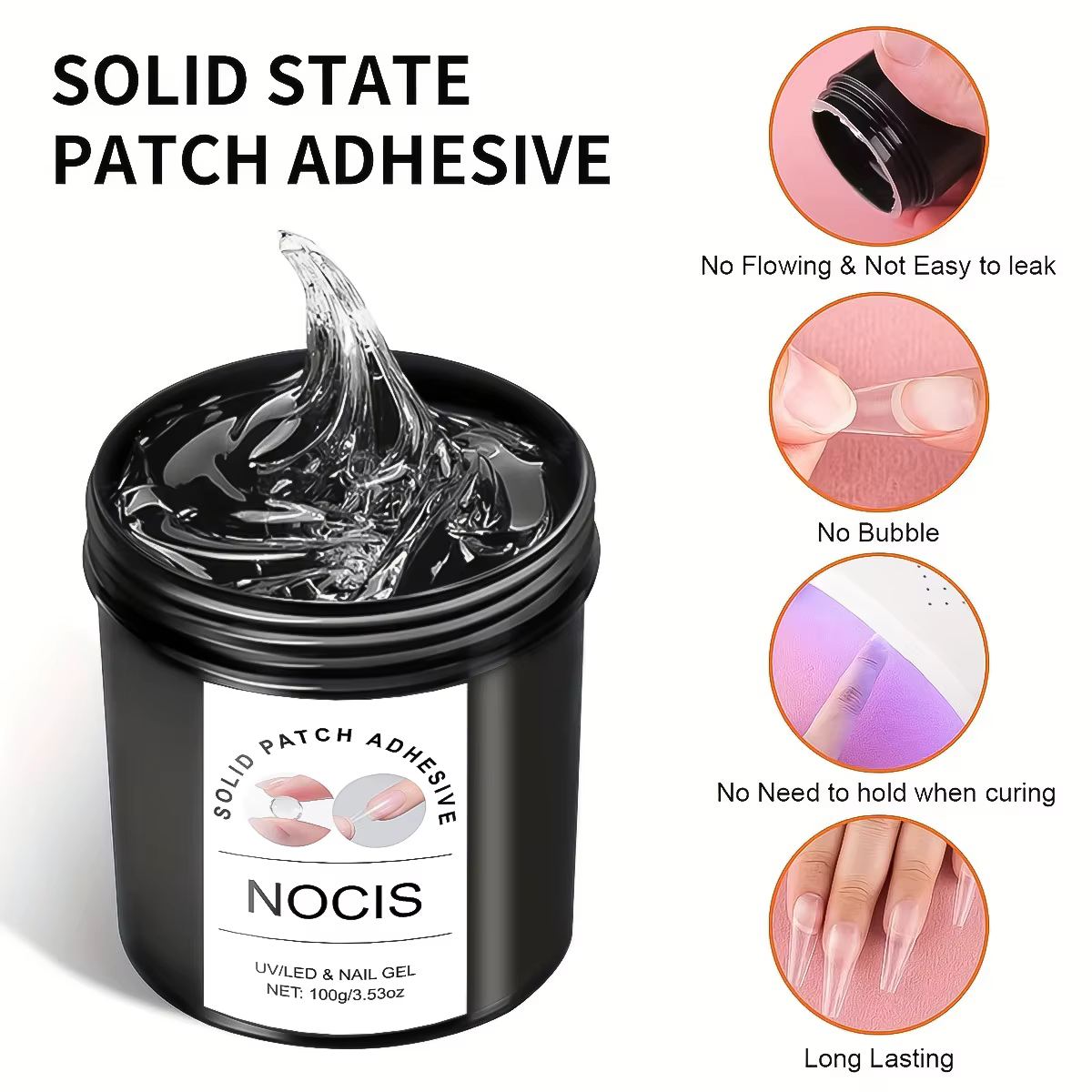 Gel adhésif solide pour ongles, 100g, colle longue durée, renforce et extension des ongles, aucun dommage aux ongles, finition brillante