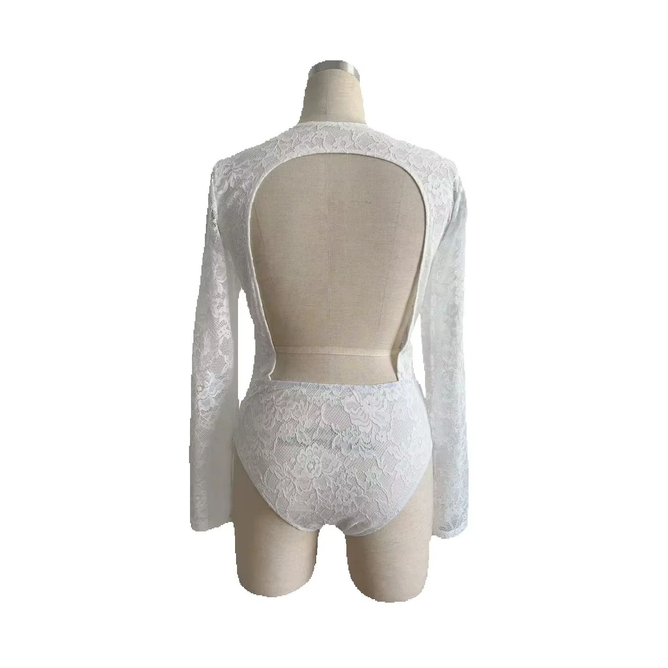 Body une pièce blanc en dentelle et résille à manches longues pour femme