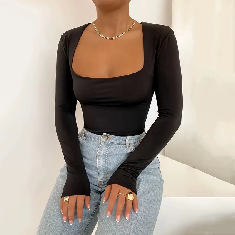 Body manches longues salopette pour femmes 2024 streetwear moulante col carré femme basique noir