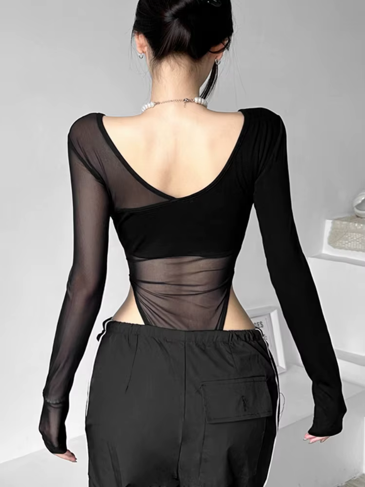 Costume de batterie transparent noir pour femme, lingerie sexy, manches longues, col en V, une pièce, corps féminin, dos nu, Y