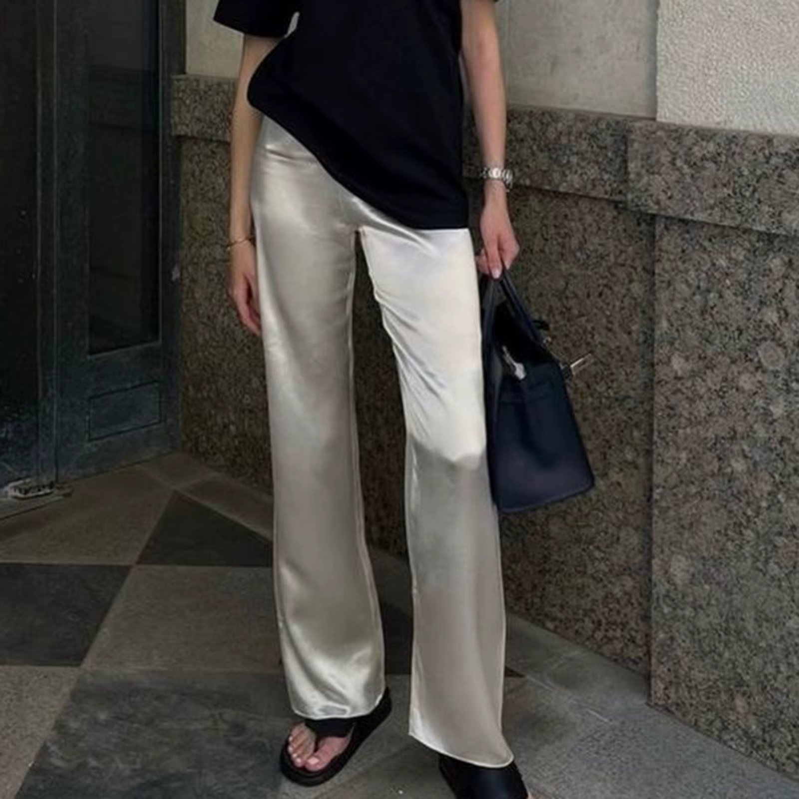 Pantalon de robe élégant pour femme en satin couleur unie
