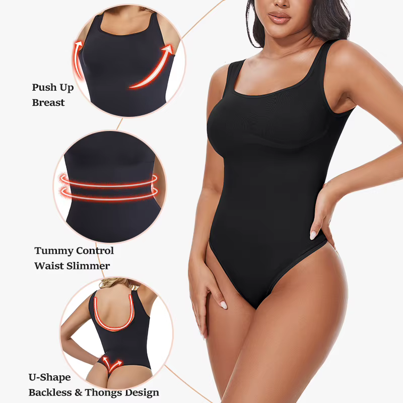Body pour femmes contrôle du ventre Shapewear sans manches col carré dos nu débardeur décontracté string