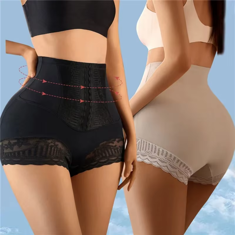 Femmes sans couture taille haute ventre contrôle Shorts culottes avec dentelle garniture
