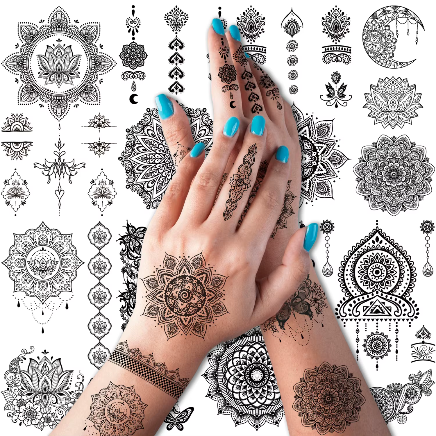 Tatouages temporaires fleur Mandala, autocollants de faux tatouage noir de style henné, 10 feuilles