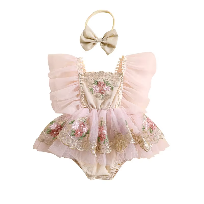 Robe body pour bébé fille de 0 à 24 mois, barboteuse brodée de fleurs, manches volantes, avec bandeau à nœud papillon