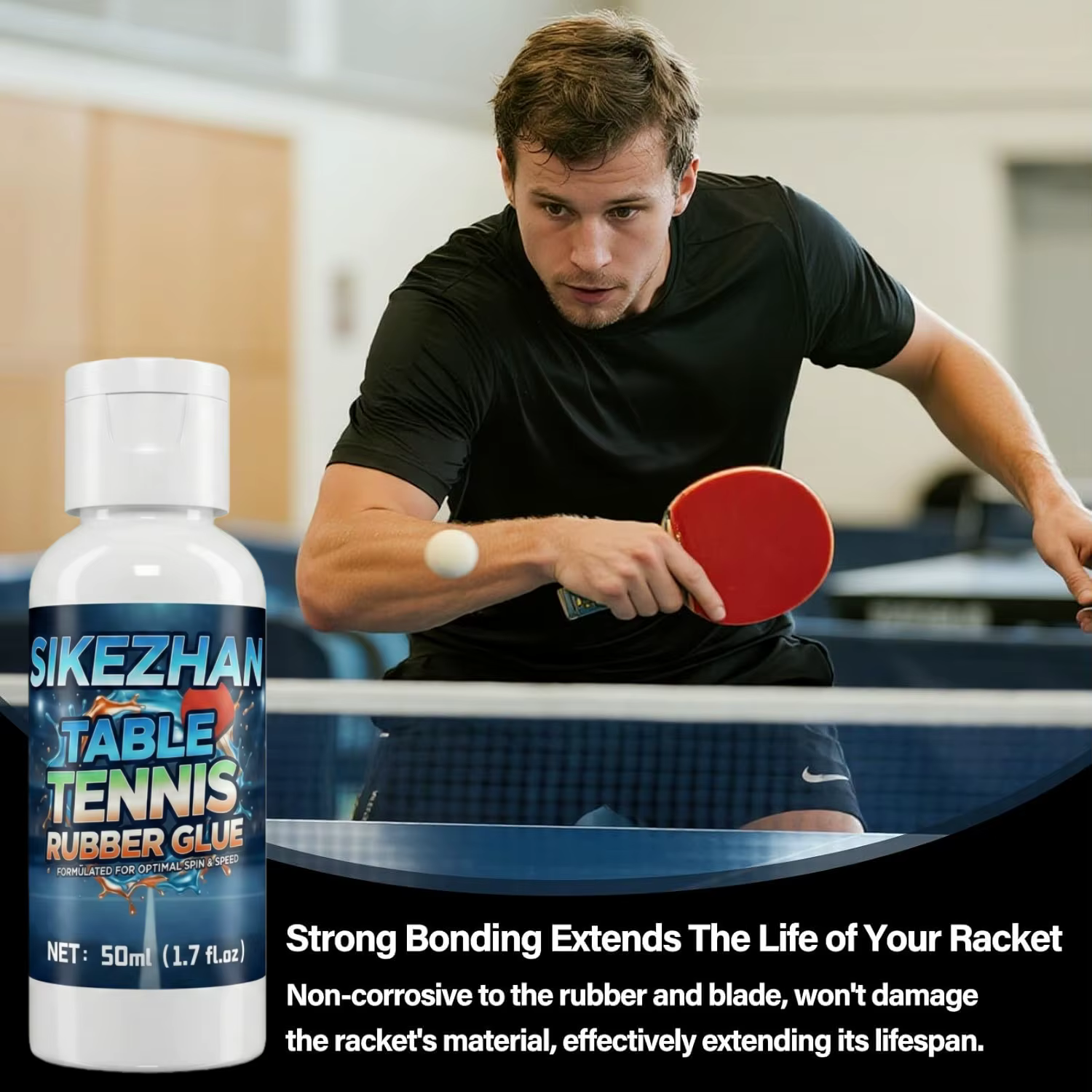 Colle professionnelle pour tennis de table - Adhésif inorganique à séchage rapide sans COV pour caoutchouc et lame de raquette | Adhérence forte, haute élasticité