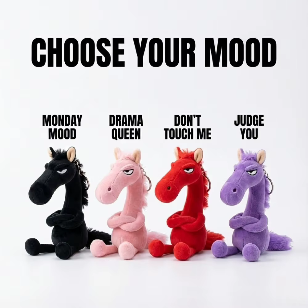 Porte-clés cheval en peluche drôle, poney impertinente, pendentif à breloque, visage grincheux, poupée animale en peluche mignonne, accessoires pour sac à dos