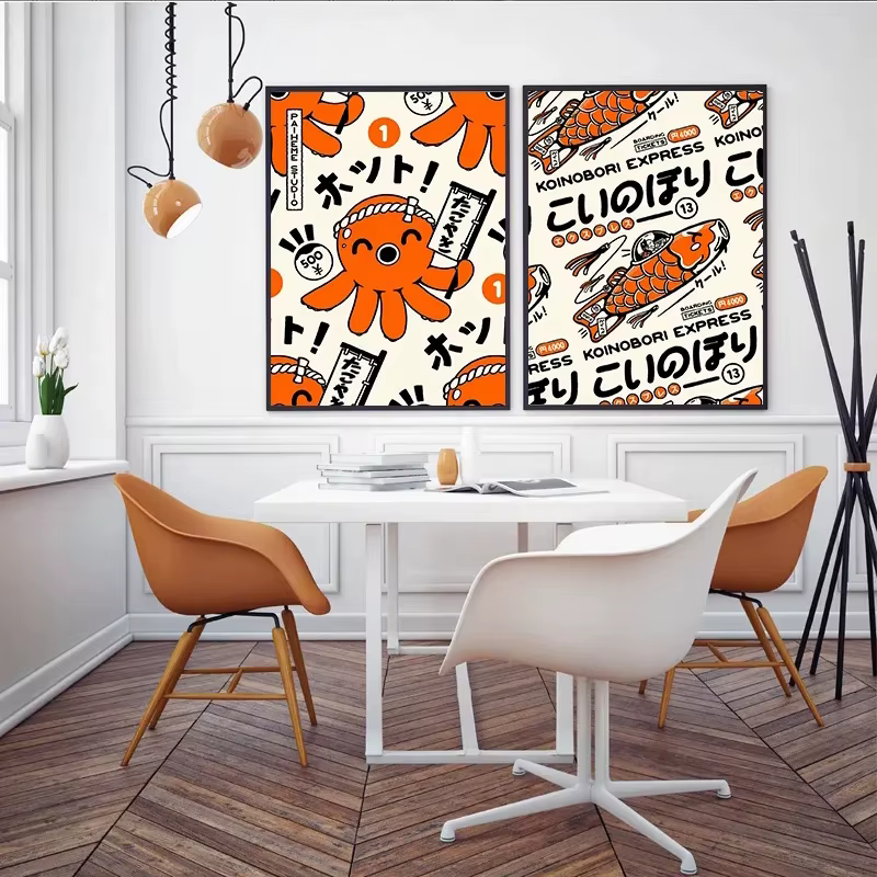 Takoyaki Oni Ramen nourriture japonaise Orange affiches et imprimés toile peinture drôle mur Art photo pour salon décor à la maison