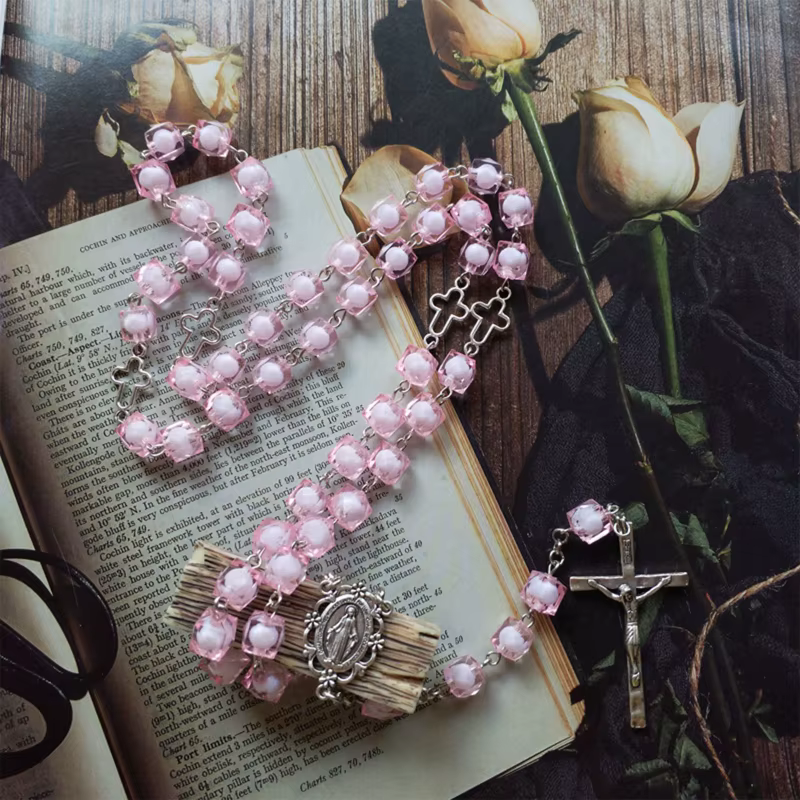 Carré rose pour collier chapelet croix, bijoux sacrés, pendentif, cadeau prière