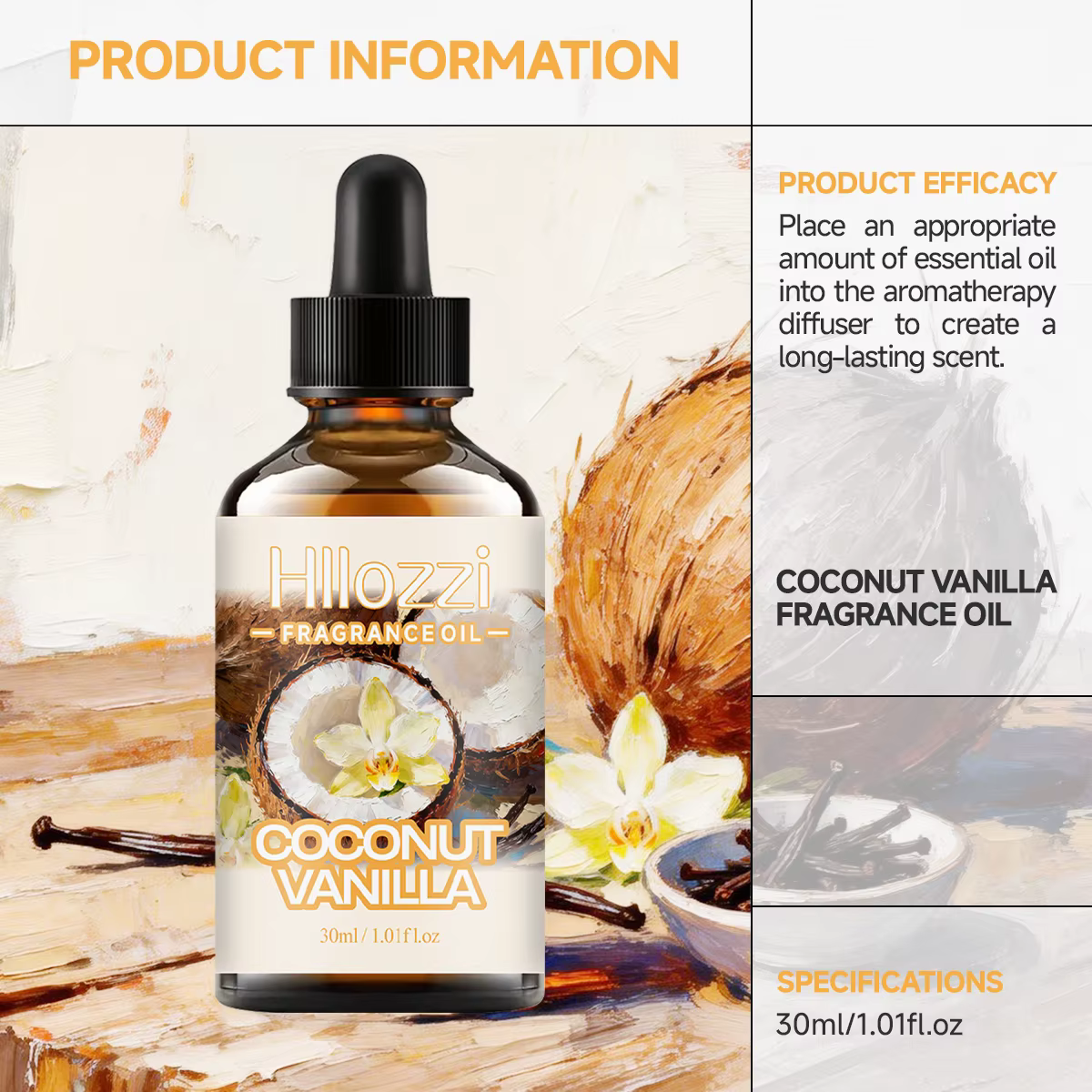 HUILE PARFUMÉE COCO VANILLE Adaptée aux soins du visage et du corps, visage, mains et ongles, à utiliser après le bain, le massage et pour les projets DIY