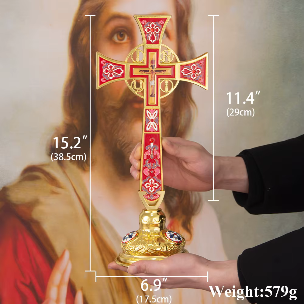 Nouvelle croix orthodoxe de bénédiction avec support pour la décoration de la maison d'église, icône de la Passion de jésus, boîte cadeau en croix émail rouge et bleue