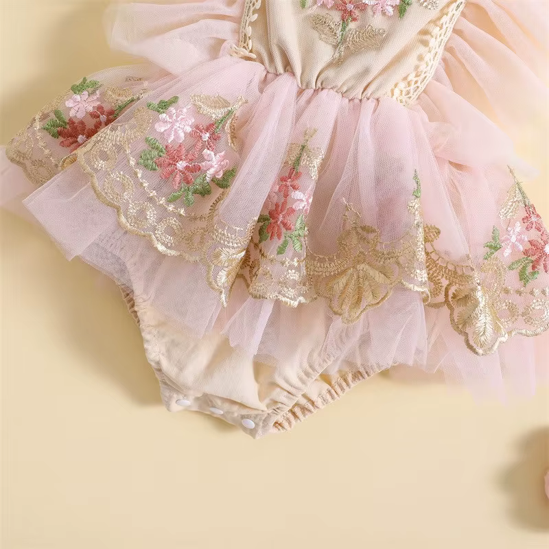 Robe body pour bébé fille de 0 à 24 mois, barboteuse brodée de fleurs, manches volantes, avec bandeau à nœud papillon